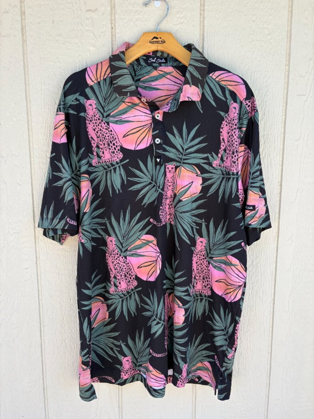 Bad Birdie Dayglow Golf Polo Shirt Men's 2XL Tropical Floral Cheetah Performance